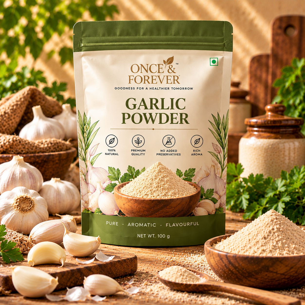 About Us rustic garlic powder pouch showcase